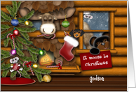 It Moose Be Christmas, Godson, Log Cabin Scene with Animals card