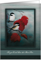 Thanksgiving Chickadees Sitting on a Branch of a Red Maple, Painting card