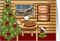 Christmas Moose for a Stepson, Kitten, Pug Waiting to Eat Pie card