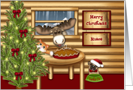 Christmas Moose for a Niece, Kitten, Pug Waiting to Eat Pie card