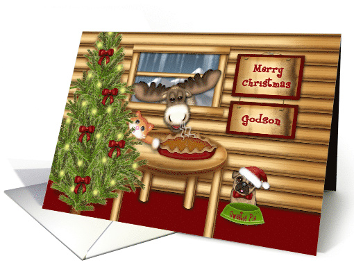 Christmas Moose for Godson, Kitten Pug Waiting to Eat Pie card