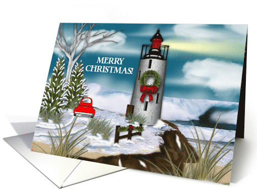 Christmas, Lighthouse, Ocean Scene with Retro Red Truck card (1586274)