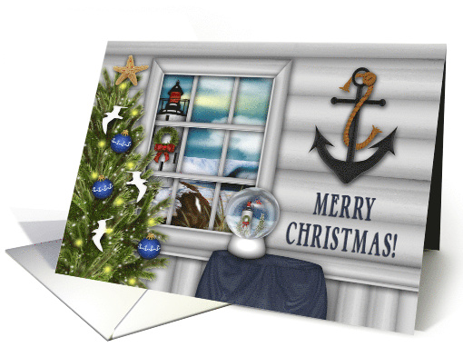Christmas, Lighthouse, Nautical Themed, Snow Globe card (1586276)