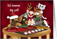 Christmas, Puppies and kittens Sitting at the Table Waiting for Pie card