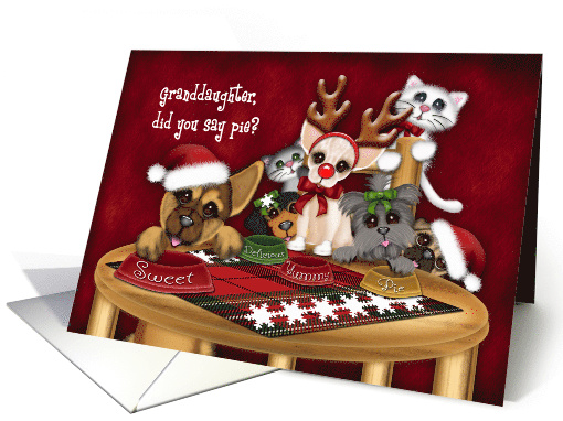 Christmas, For a Granddaughter, Puppies, kittens Waiting for Pie card