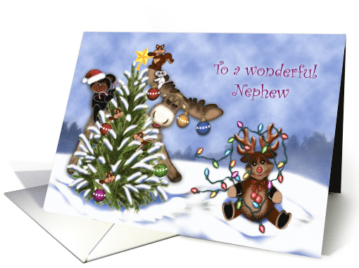 Christmas, For a Nephew, Forest Animals Decorating a Tree card