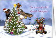 Christmas, For a Great Nephew, Forest Animals Decorating a Tree card