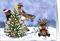 Christmas, For a Cousin, Forest Animals Decorating a Tree card