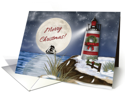 Merry Christmas, Lighthouse, Moon Reflection on the Water card