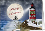 Merry Christmas, Lighthouse, Moon Reflection on the Water card