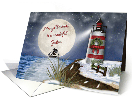 Merry Christmas, Godson, Lighthouse, Moon Reflecting on the Water card