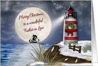 Merry Christmas, Father in Law, Lighthouse, Moon Reflecting on Water card