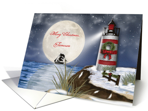 Merry Christmas, Customize, Lighthouse, Moon Reflecting on Water card