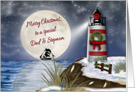 Merry Christmas, Dad & Stepmom, Lighthouse Moon Reflecting on Water card
