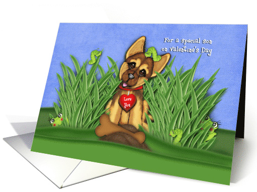 Valentine for a Son, Shepherd Puppy with Frogs, and Inchworms card