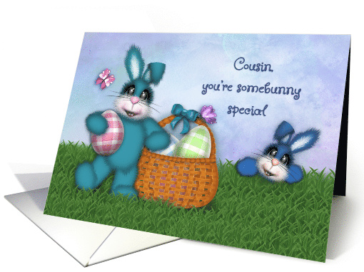 Easter for a Cousin, Adorable Bunnies Basket of Colored Eggs card