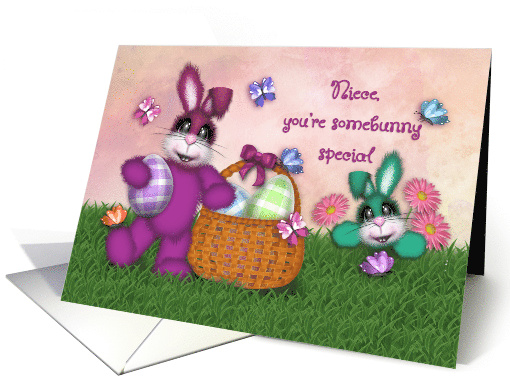 Easter for a Niece Adorable Bunnies, Basket of Eggs, Butterflies card