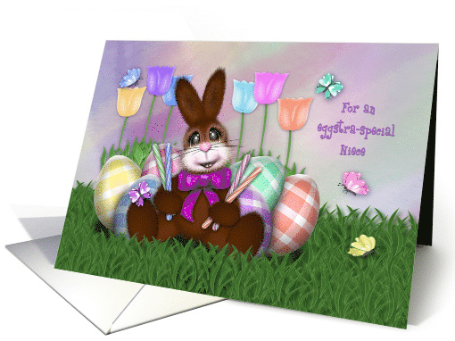 Easter for a Niece Adorable Bunny, with Flowers, Butterflies card