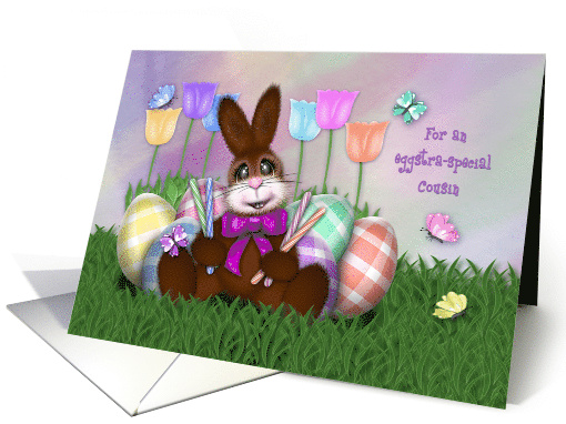 Easter for a Cousin Adorable Bunny, with Flowers, Butterflies card