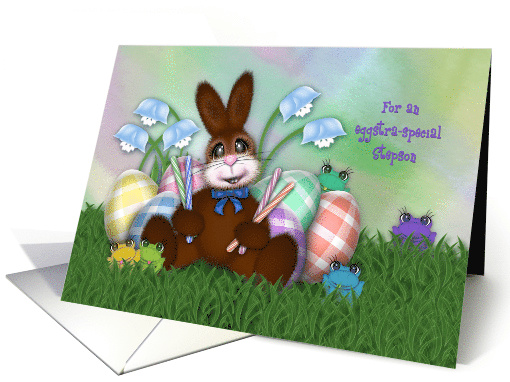 Easter for a Stepson Adorable Bunny, with Eggs, Flowers and Frogs card