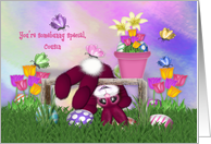 Easter for a Cousin ,Pink Bunny, Eggs, Flowers Butterflies card