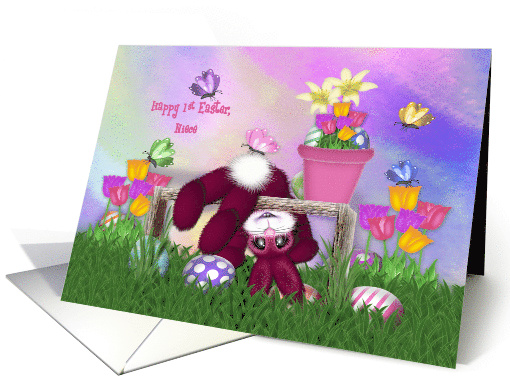 Happy 1st Easter. Niece ,Pink Bunny, Eggs, Flowers Butterflies card