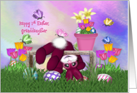 Happy 1st Easter. Granddaughter, Pink Bunny, Eggs, Flowers Butterflies card