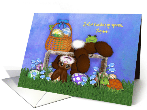Easter for a Stepson, Adorable Bunny, Eggs, Flowers Frog Turtle card
