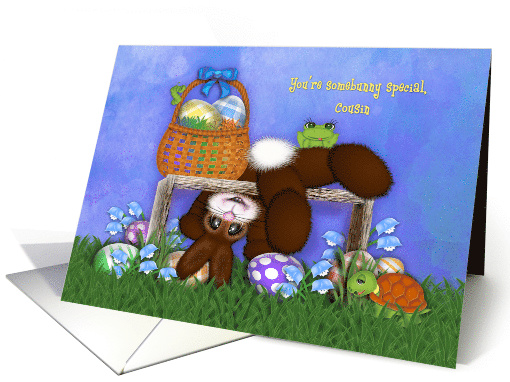 Easter for a Cousin, Adorable Bunny, Eggs, Flowers Frog Turtle card