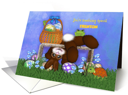 Easter, Customize Name Adorable Bunny, Eggs, Flowers Frog Turtle card