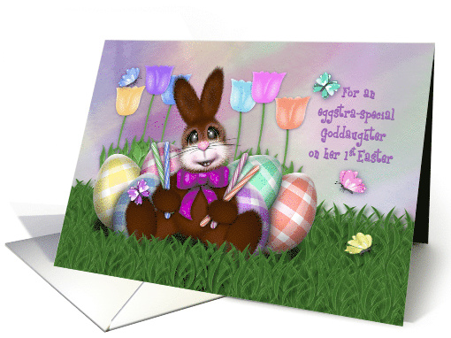1st Easter Goddaughter, Adorable Bunny, Flowers, Butterflies card