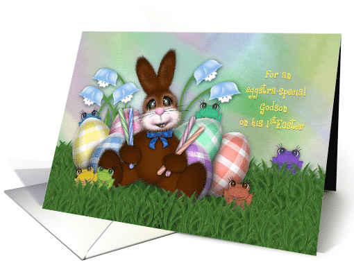 1st Easter for Godson, Adorable Bunny, Eggs, Flowers and Frogs card