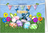 Easter for Grandson, Bunnies Gingham Eggs and Jelly Bean Flowers card