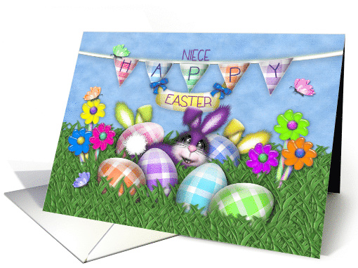 Easter, Niece, Bunnies Gingham Eggs, Jelly Bean Flowers card (1606100)