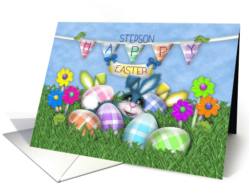 Easter for Stepson Bunnies Gingham Eggs, Jelly Bean Flowers card