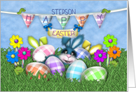 Easter for Stepson Bunnies Gingham Eggs, Jelly Bean Flowers card