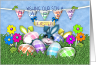 Easter for Son Bunnies Gingham Eggs, Jelly Bean Flowers card