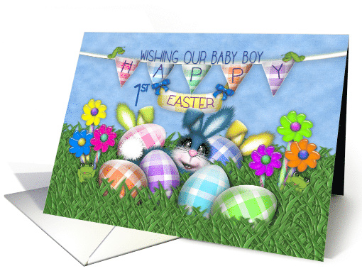 1st Easter for Baby Boy, Bunnies Gingham Eggs, Jelly Bean Flowers card