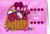 Easter Custom Name, Pink Bunny in a Basket Full of Jelly Beans card