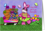 Easter for Stepdaughter Pink Bunny Pulling Wagon Full of Treats card