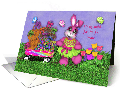 Easter for Cousin Pink Bunny Pulling Wagon Full of Treats card