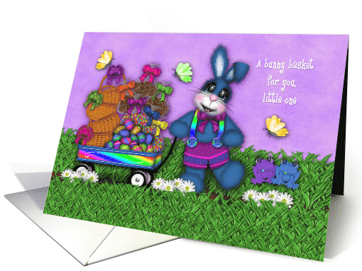 Easter for Little One, Blue Bunny Pulling Wagon Full of Treats card