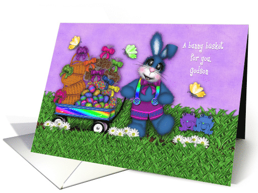 Easter for Godson, Blue Bunny Pulling Wagon Full of Treats card