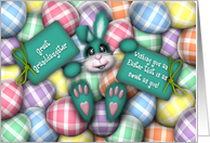 Easter for Great Granddaughter, Teal Bunny Laying in the Easter Eggs card