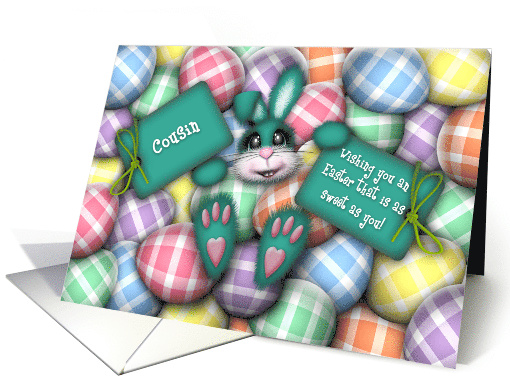 Easter for Cousin, Teal Bunny Laying in the Easter Eggs card (1607208)