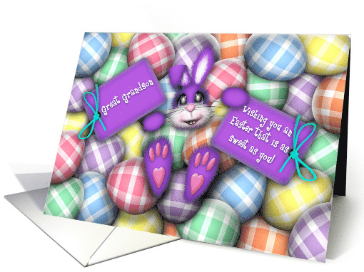 Easter for Great Grandson, Purple Bunny Laying in the Easter Eggs card