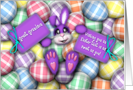 Easter for Great Grandson, Purple Bunny Laying in the Easter Eggs card