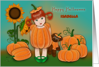 Halloween Customize with Any Name, Cute Red Head in Pumpkin Patch card