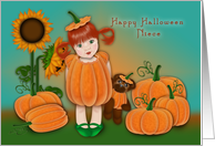 Halloween for a Niece Cute Red Head in Pumpkin Patch card