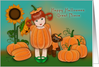 Halloween for a Great Niece Cute Red Head in Pumpkin Patch card